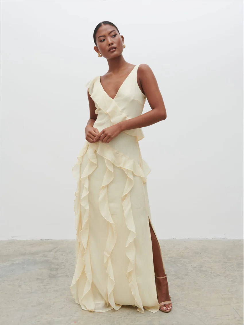 Faye Ruffle Maxi Dress in Butter Yellow