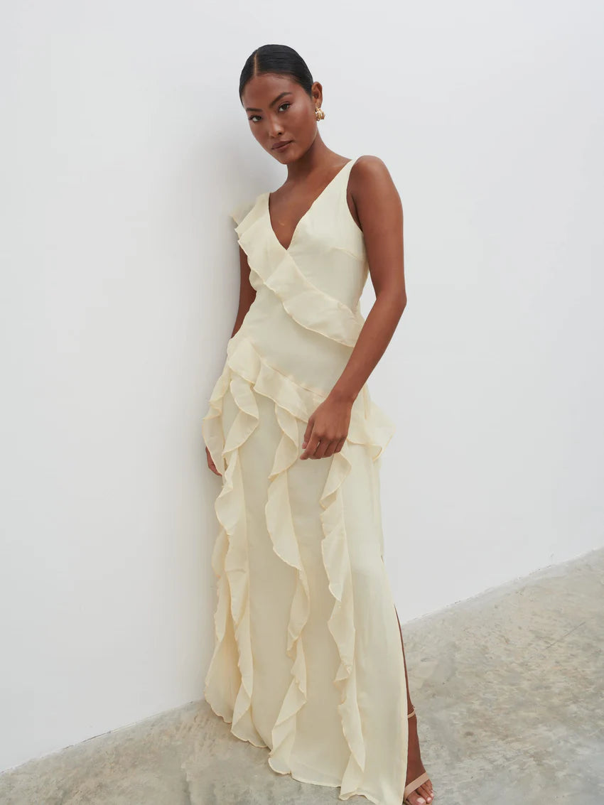 Faye Ruffle Maxi Dress in Butter Yellow
