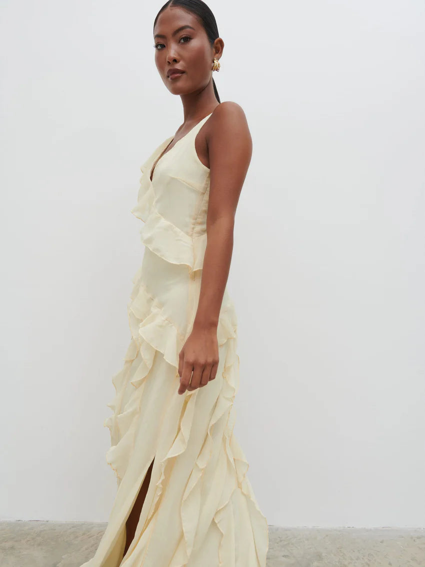 Faye Ruffle Maxi Dress in Butter Yellow