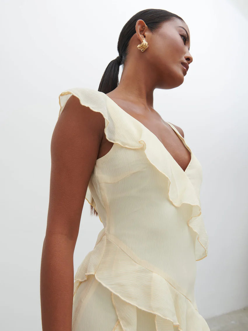 Faye Ruffle Maxi Dress in Butter Yellow