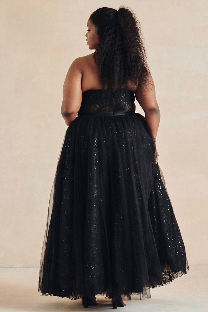 black lace and sequin bodice and tulle skirt back view