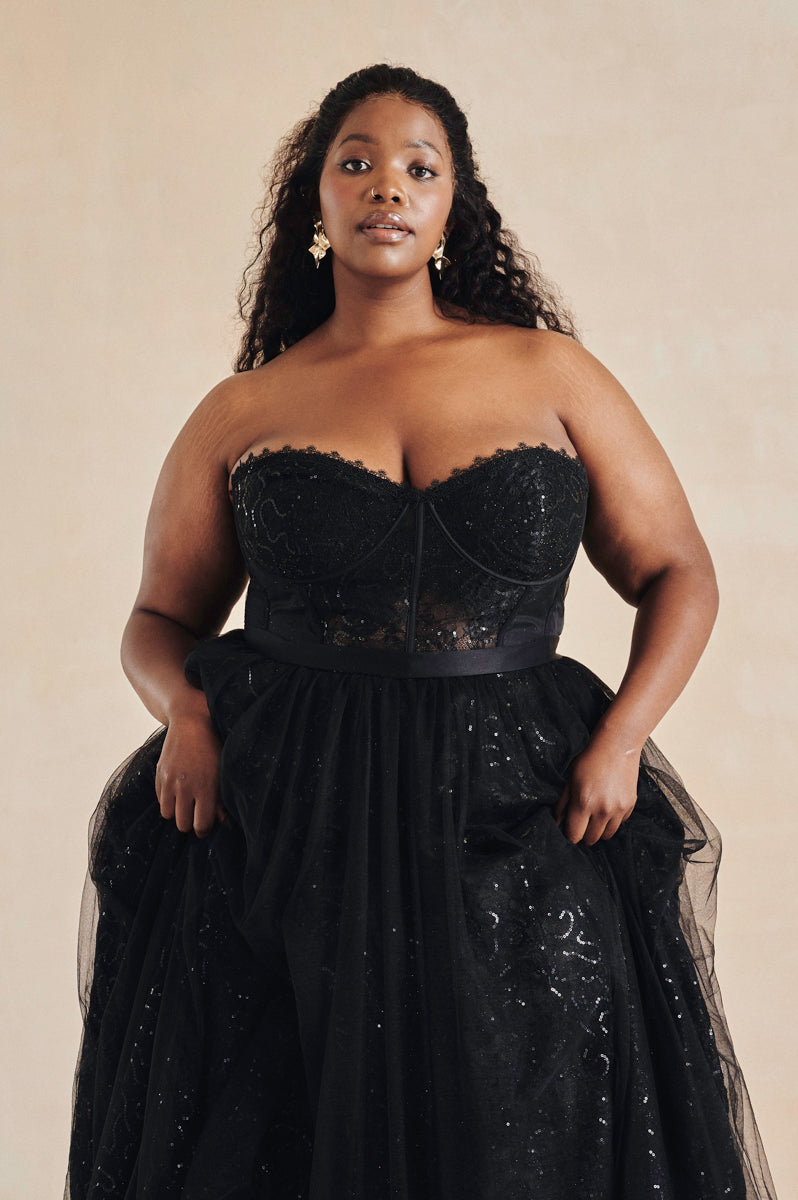 black lace and sequin bodice and tulle skirt