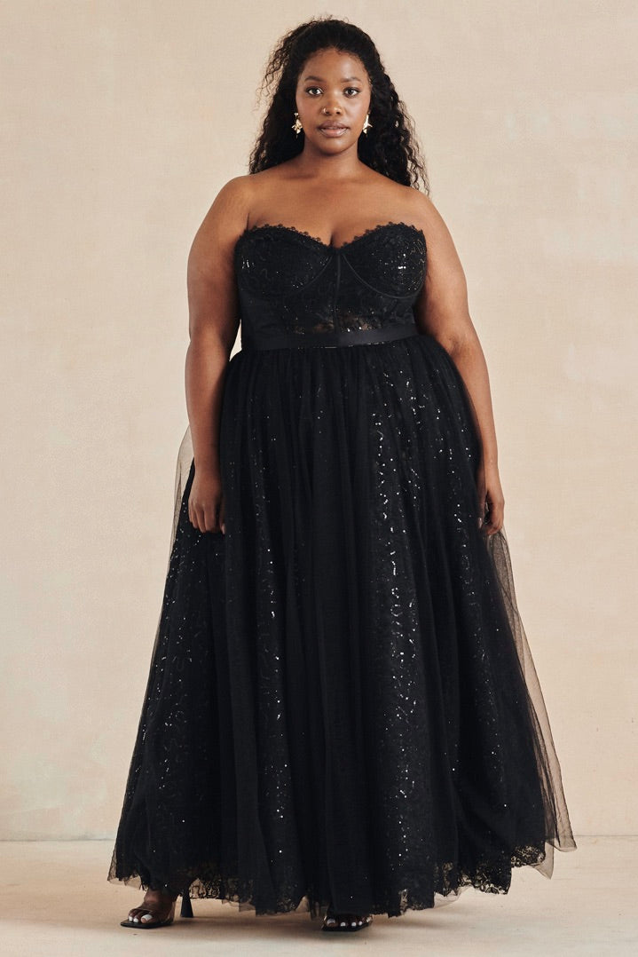 black lace and sequin bodice and tulle skirt front view