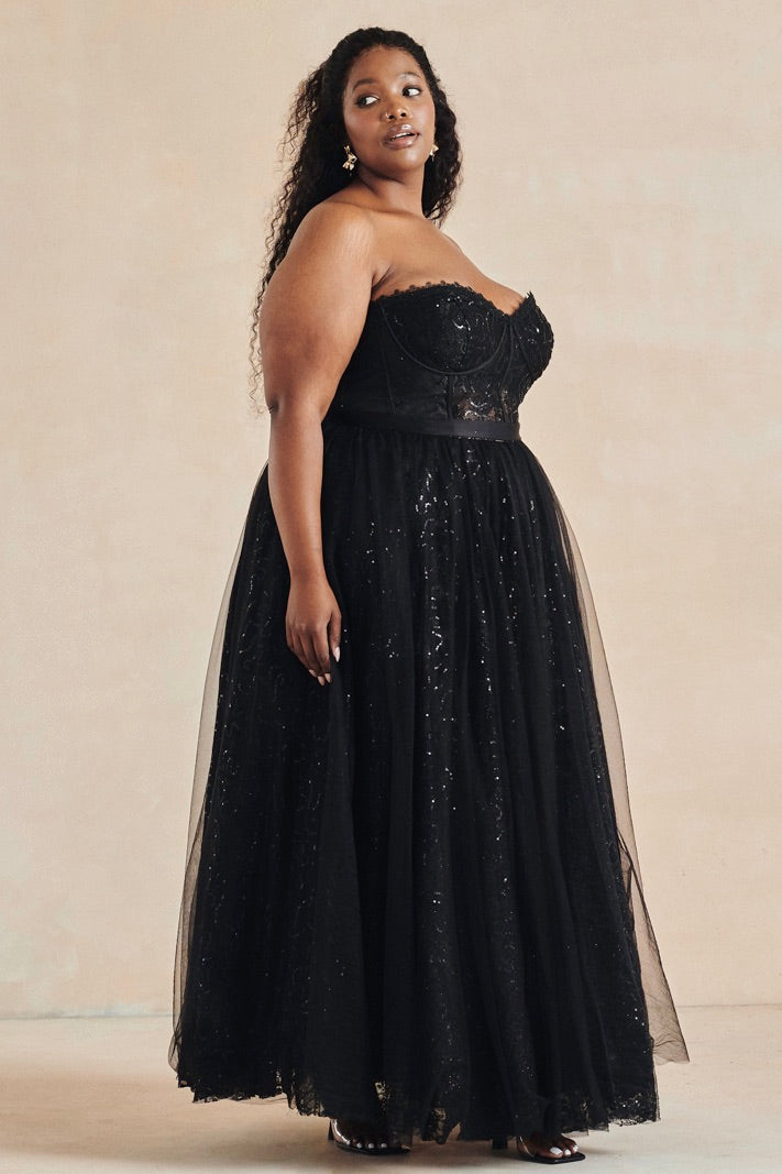 black lace and sequin bodice and tulle skirt side view