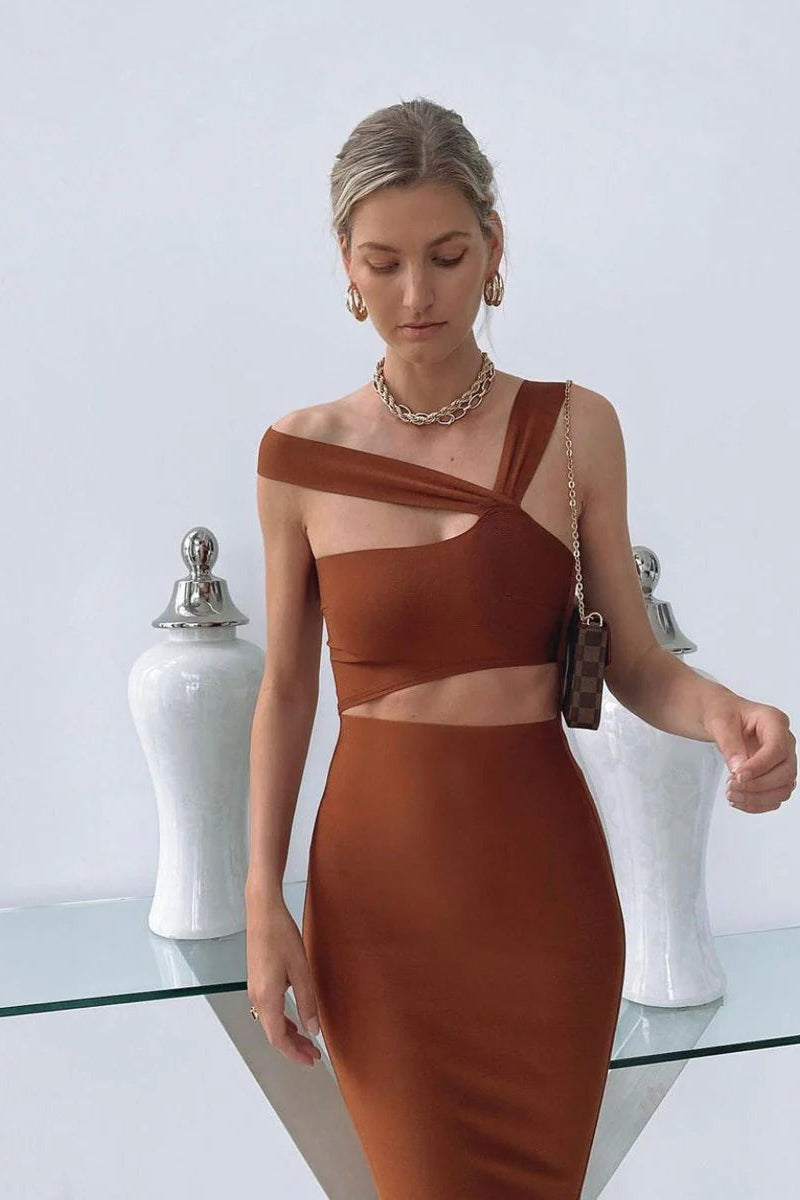 no cuts given bandage midi dress brown House of CB Asha Tan Cut-Out — Preloved Size S Bandage Midi DressSleevelessWired NecklineCut march arrivals Suede Black Hazel Loafers: Neck:17