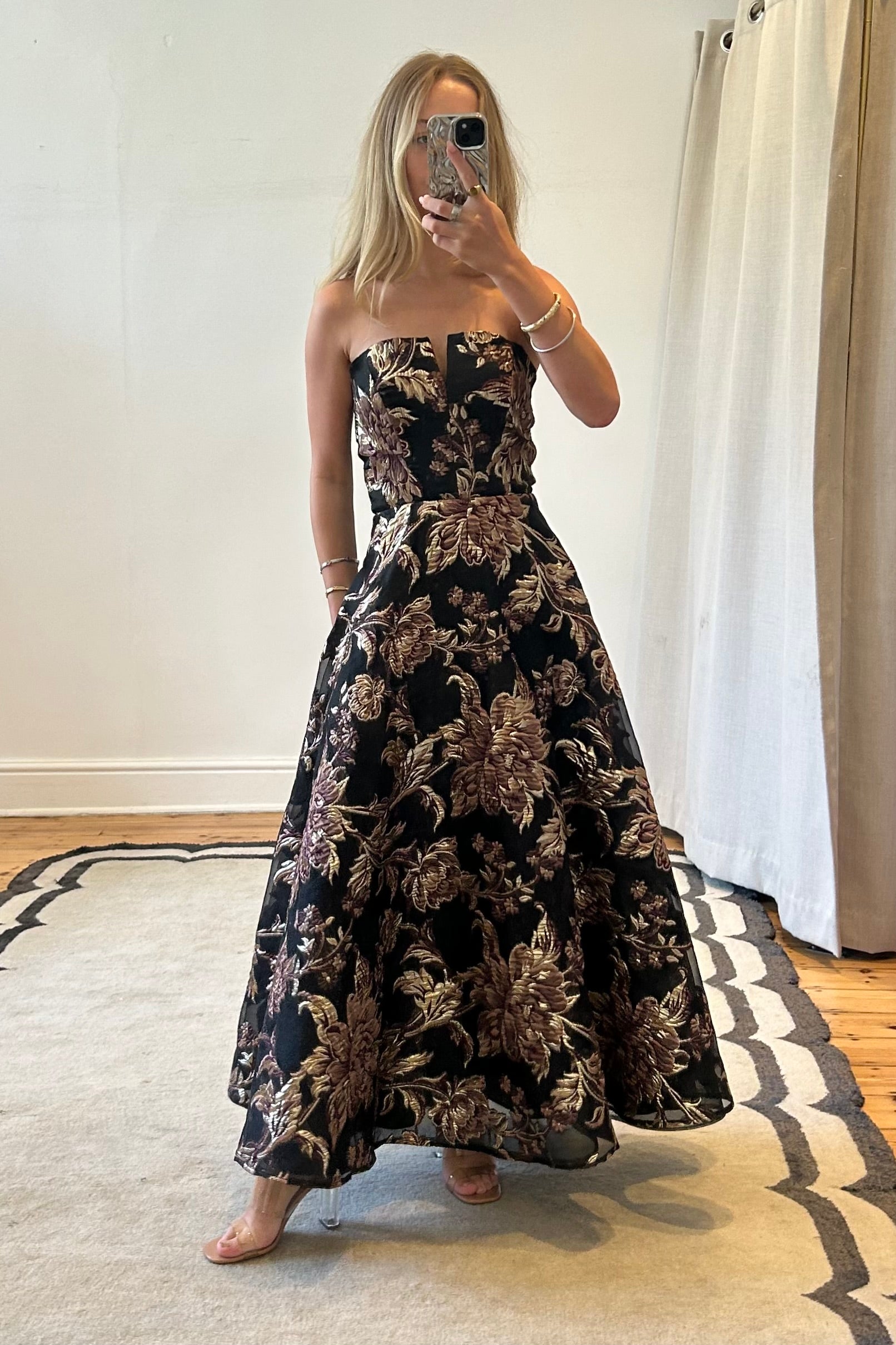 The Brocade Midi Gown | Manjeefiek Couture | Black & Gold The Brocade Midi Gown | Manjeefiek Couture | Black & Gold