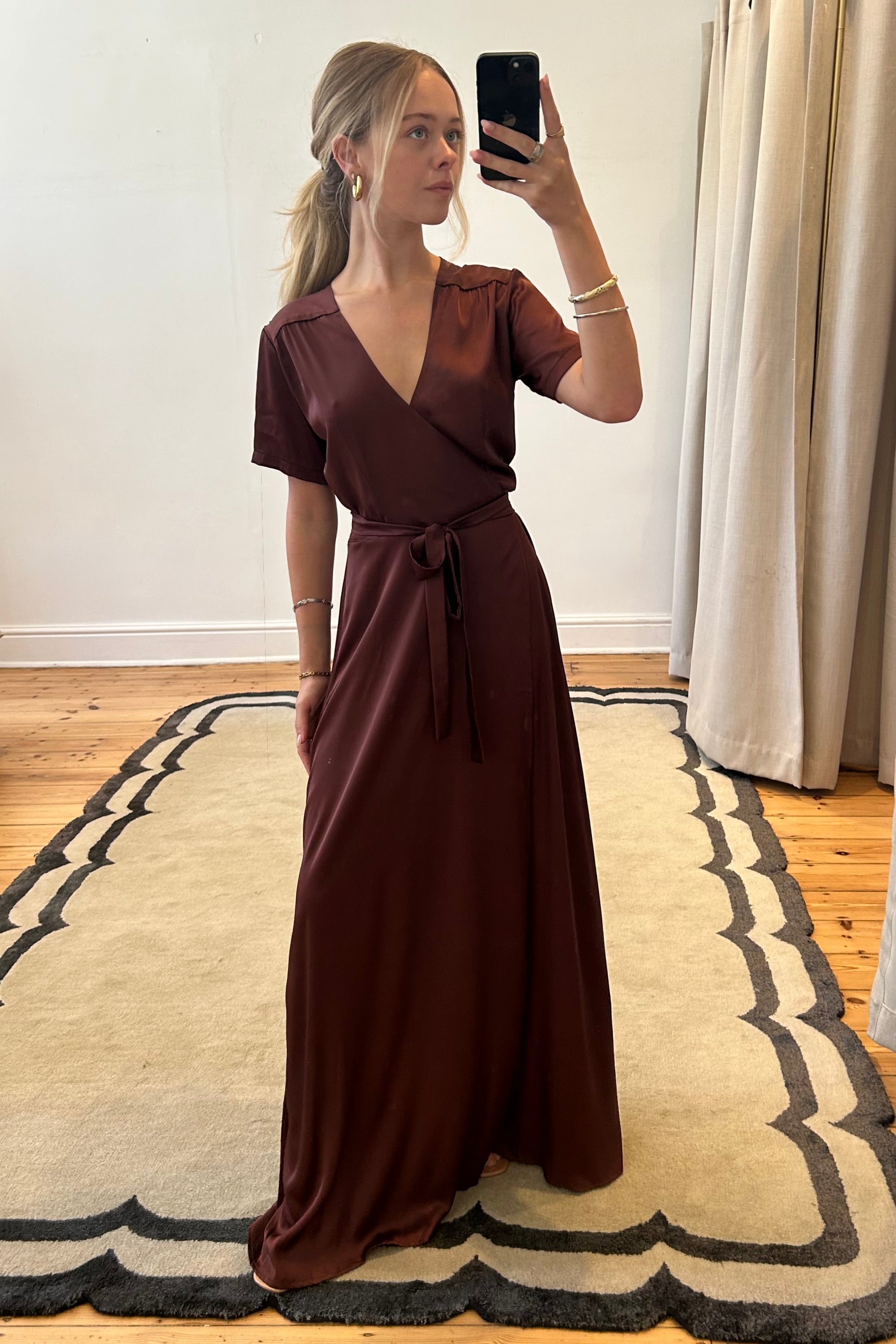 Jessica Anne Chocolate Satin Wrap Dress for Hire