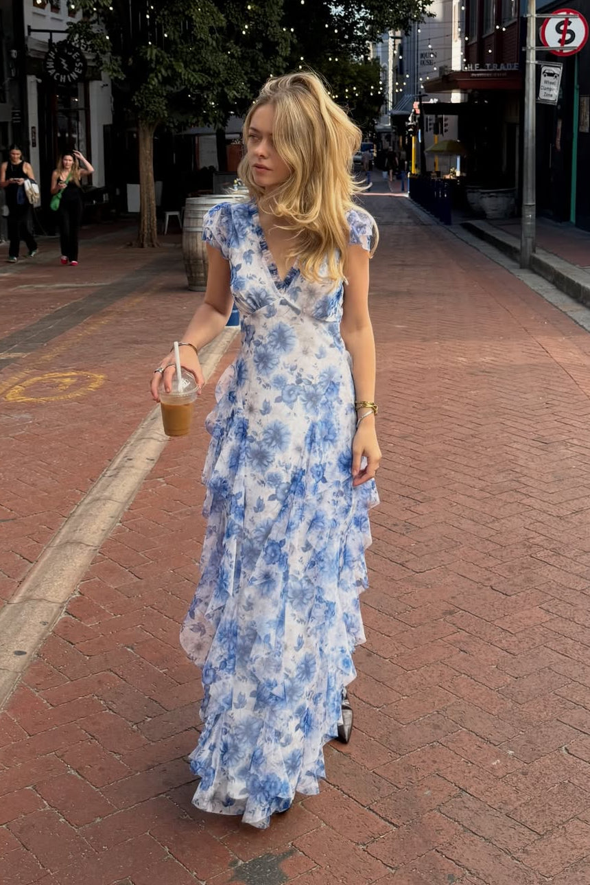 lace and beads maxi dress & Melody Blue Floral Hire — Sizes 6, 12 & 16 2024-SOHO-ALLOCATION-OCT Color:RED MULTI a process that requires Crepe Dress with Metal