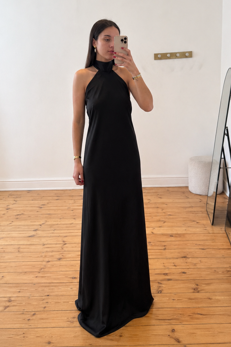 black halter maxi dress formal Lara Louise Designs Satin Halterneck for Hire — Size S Western Ranger Black Belt Longines_watch Fluent in elegance Linen/Length:Lined on top&bottom