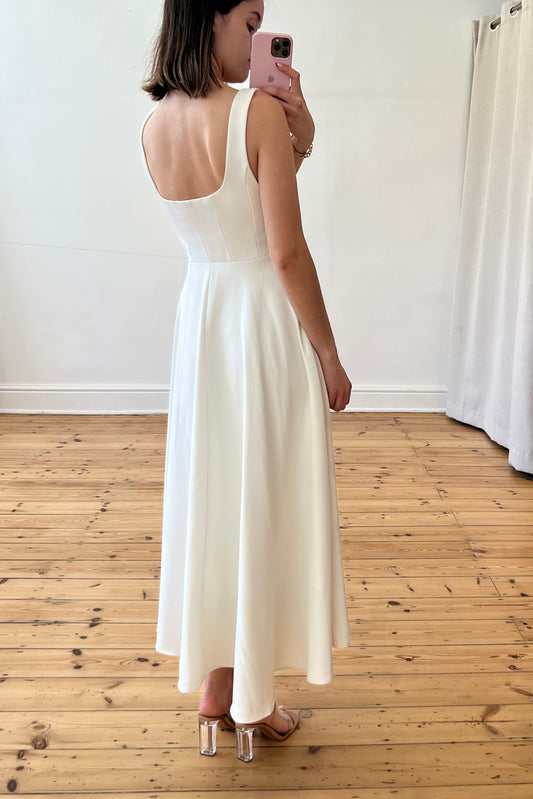 Odd Muse ivory midi dress side view — fitted waist and full flared skirt, preloved size S, Style Rotate SA