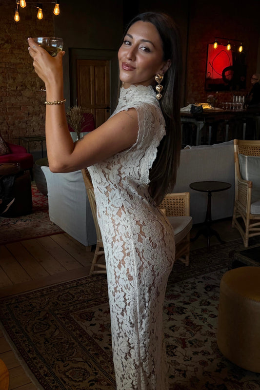 The Off White Lace Open Back Dress