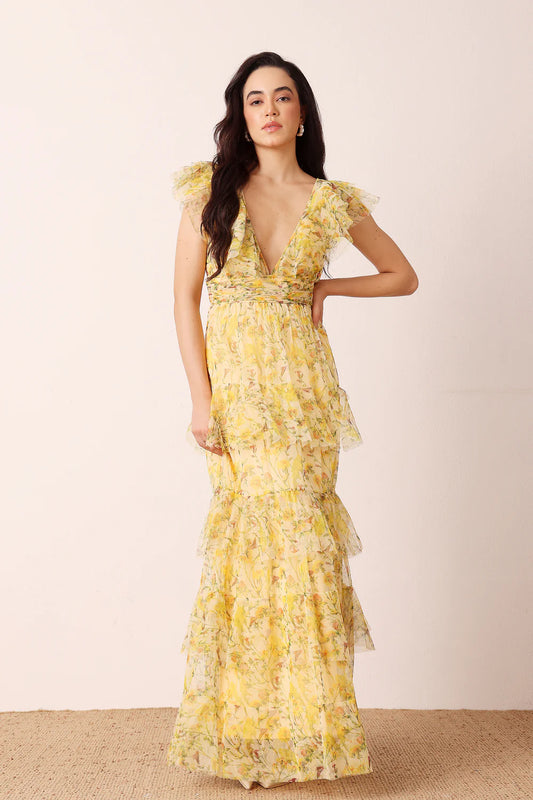 Olympia Maxi Dress in Yellow Floral