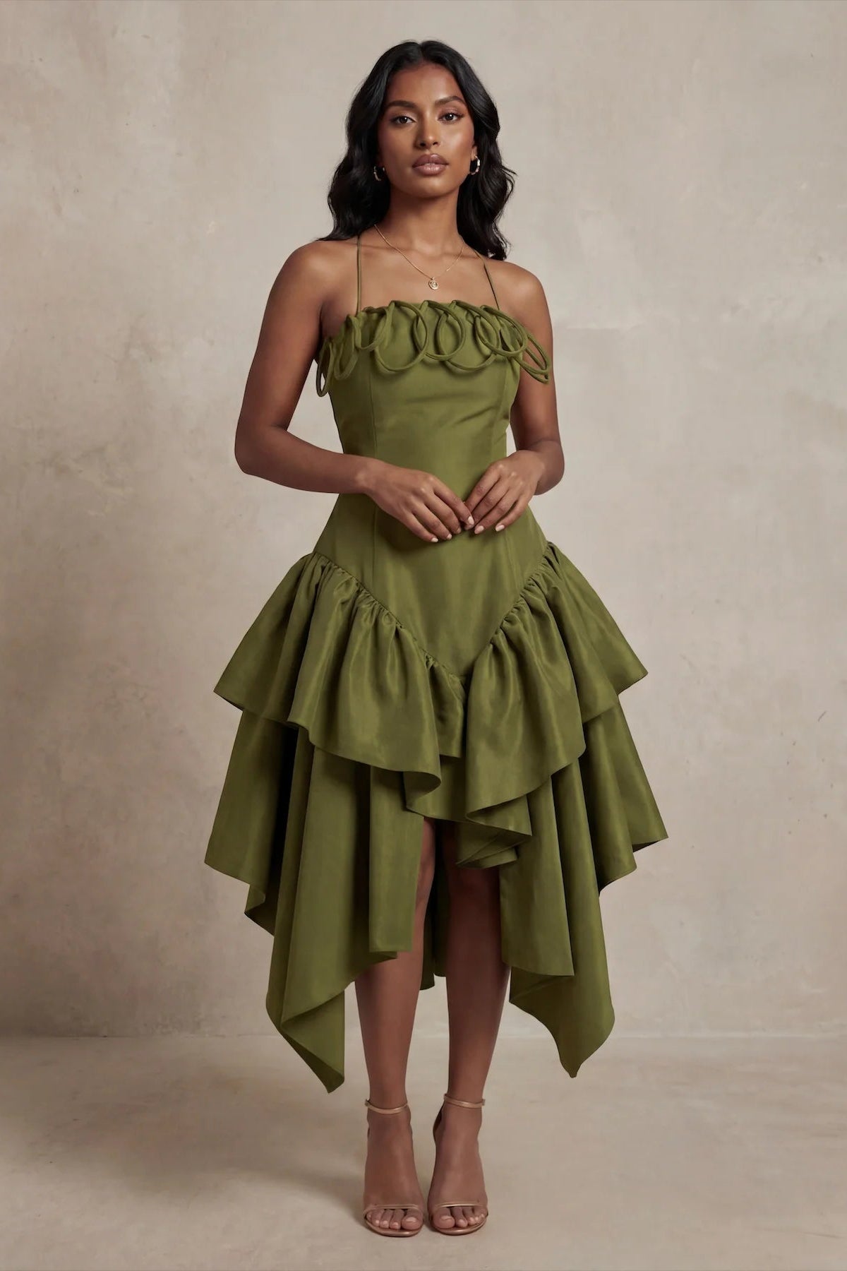 knee length dresses for ladies Kimora Midi Dress in Satin Dark Olive main image 1