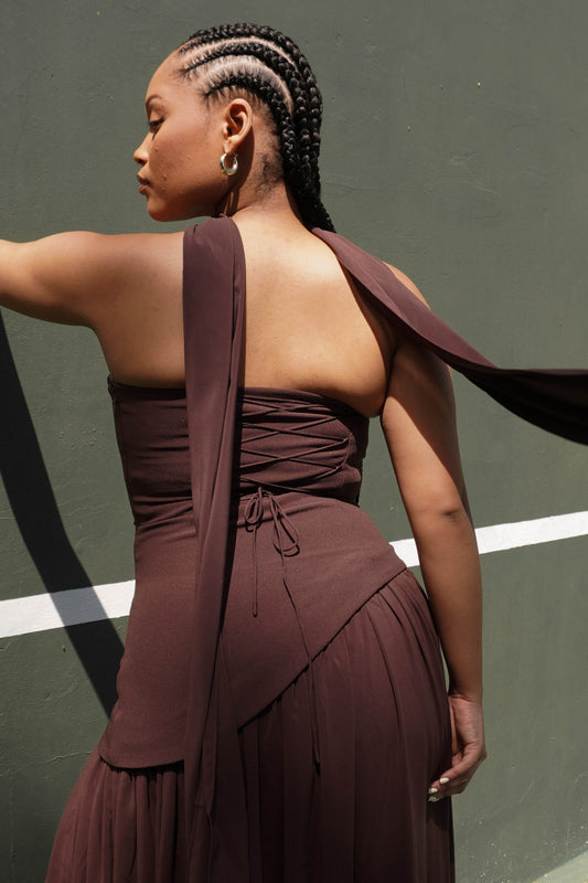 Elegant brown maxi dress South Africa with soft fabric movement