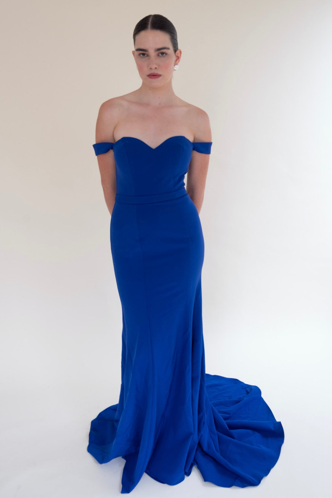 Scarlett Fashion Morigan gown in cobalt blue with off-the-shoulder sleeves and lace bodice, pre-loved and available for resale as elegant sustainable occasionwear.