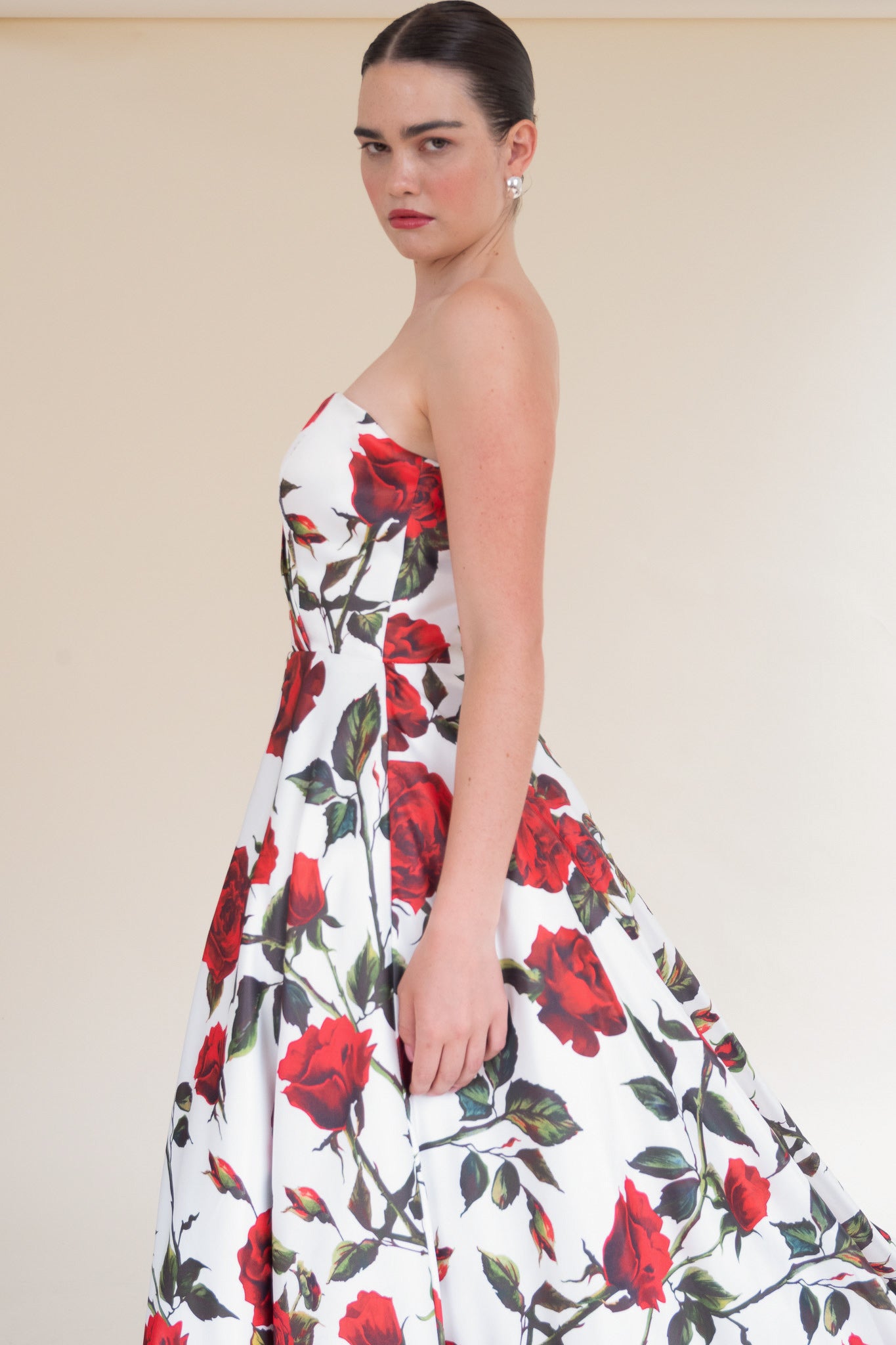 Red floral Scarlett Fashion floor-length gown with tulle skirt, pre-loved and available for resale as elegant sustainable occasionwear.