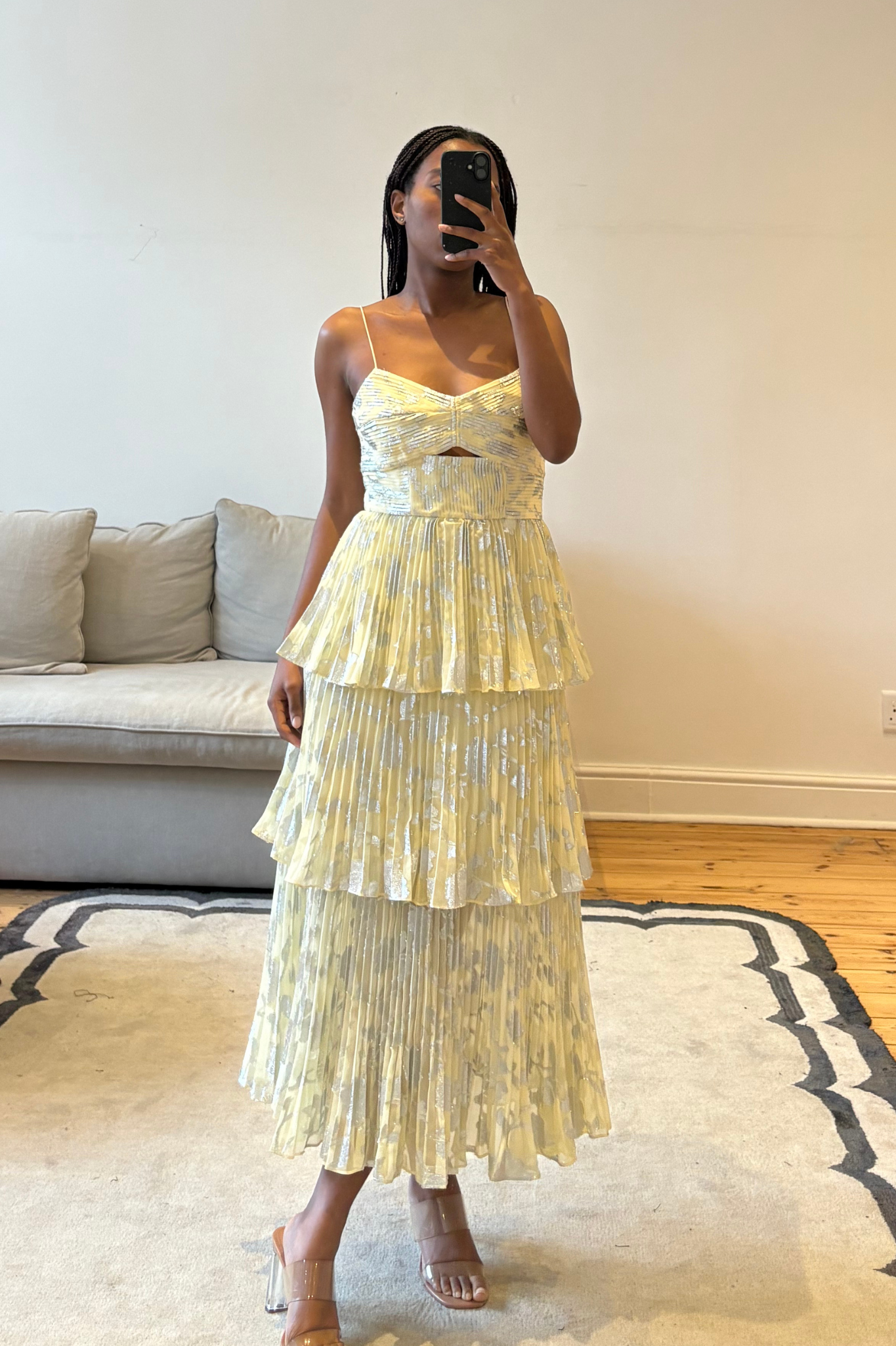The Metallic Jacquard Tiered Midi Dress