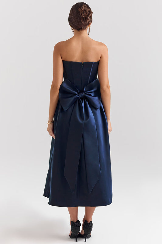 The Bellina Strapless Bow Midi Dress in Midnight Blue