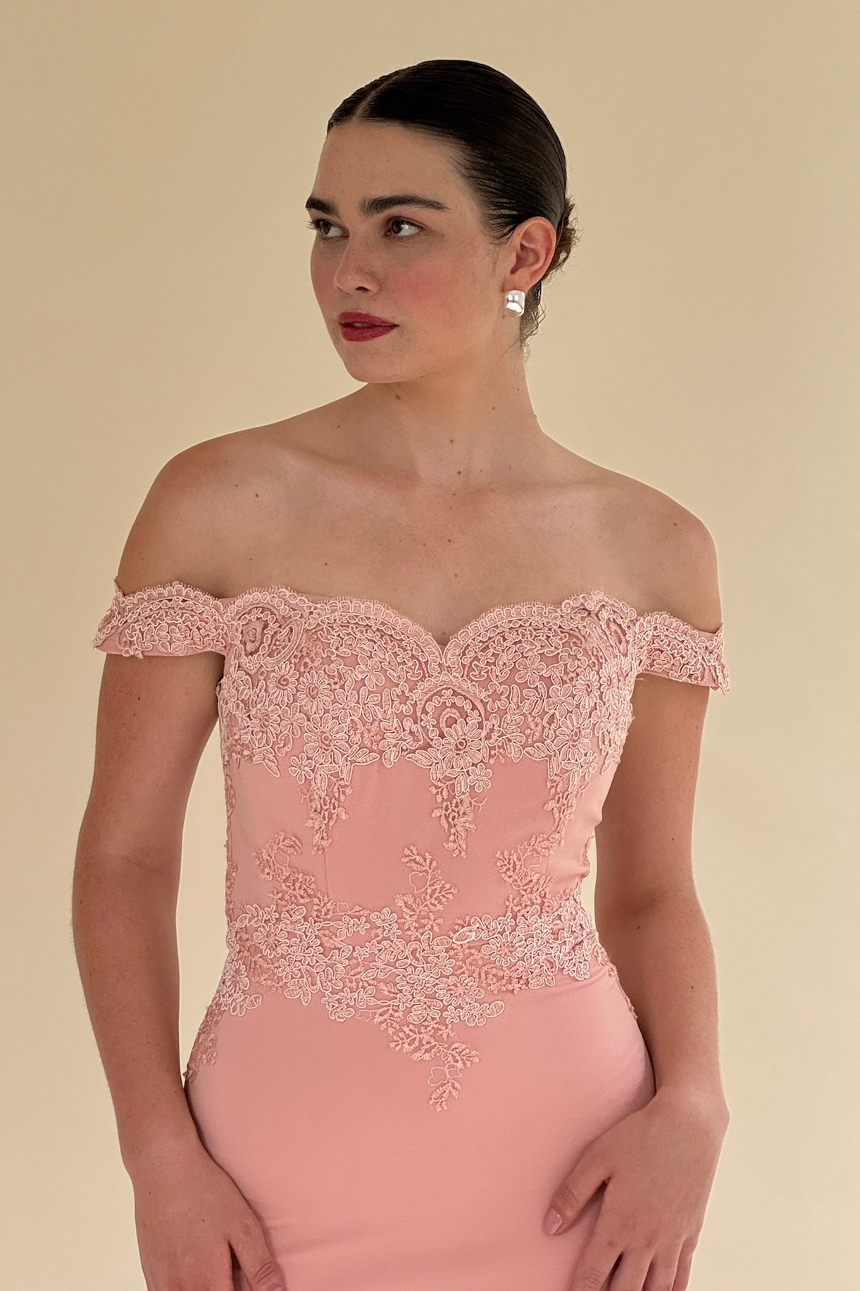 Blush pink Scarlett Fashion floor-length gown with lace bodice, pre-loved and available for resale as elegant sustainable occasionwear.