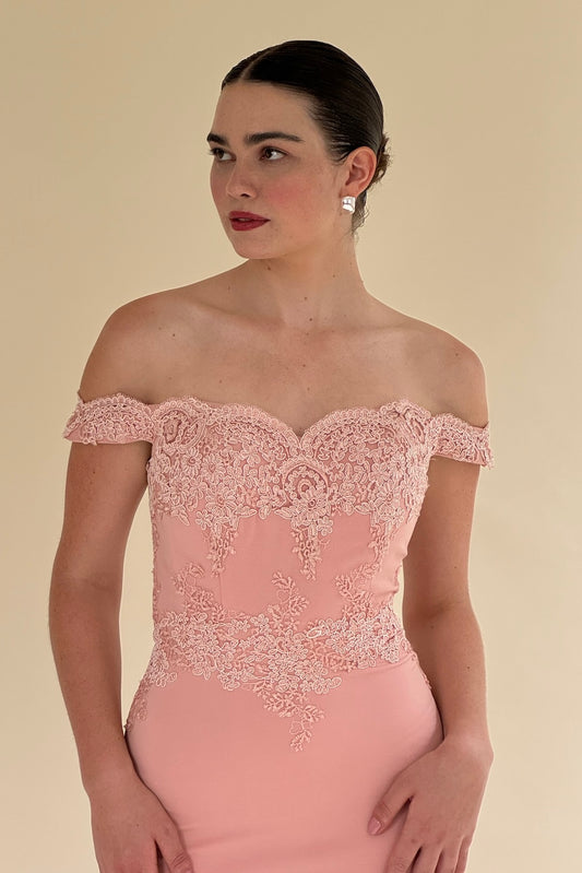 Blush pink Scarlett Fashion floor-length gown with lace bodice, pre-loved and available for resale as elegant sustainable occasionwear.