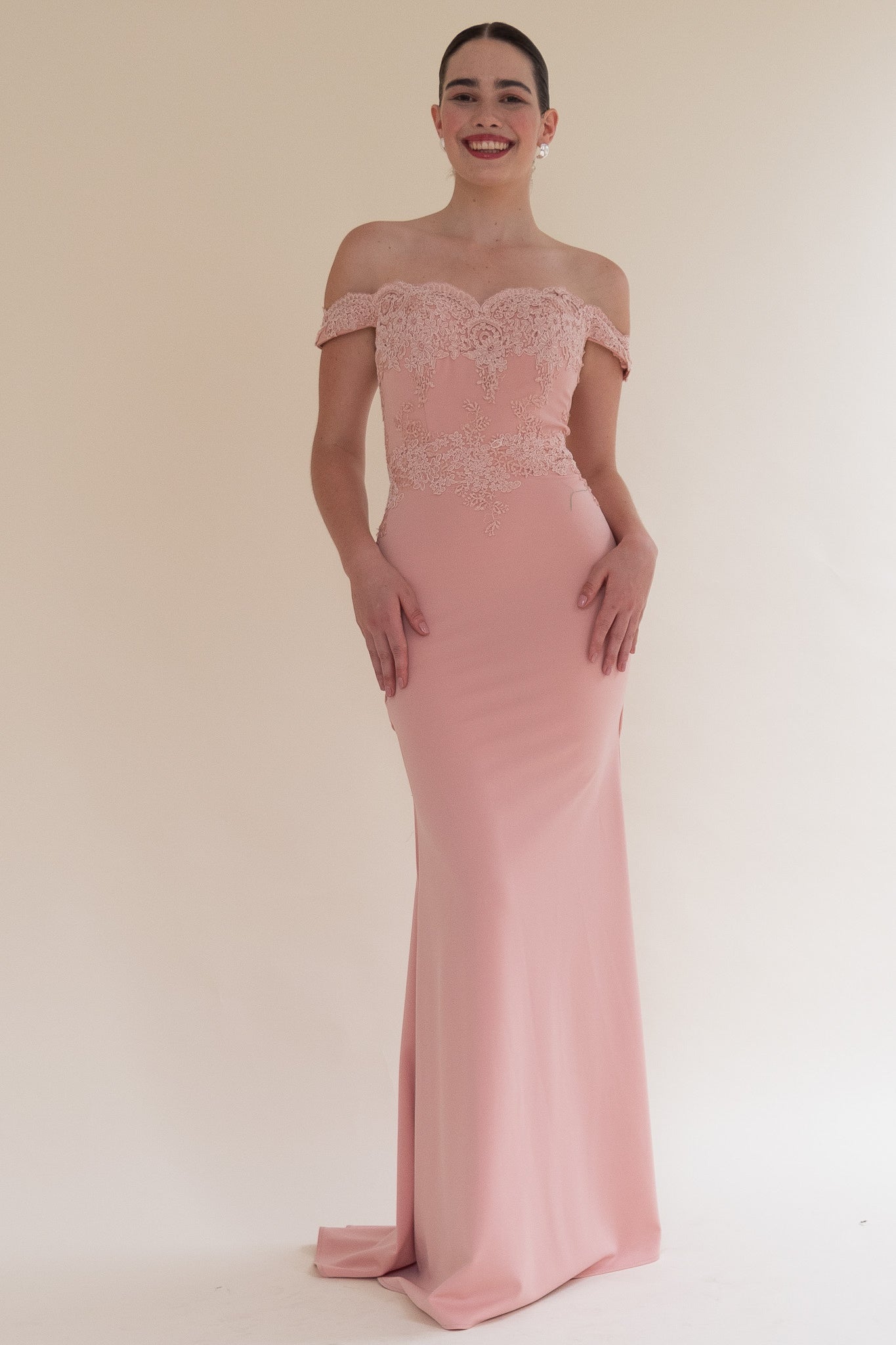 Blush pink Scarlett Fashion floor-length gown with lace bodice, pre-loved and available for resale as elegant sustainable occasionwear.