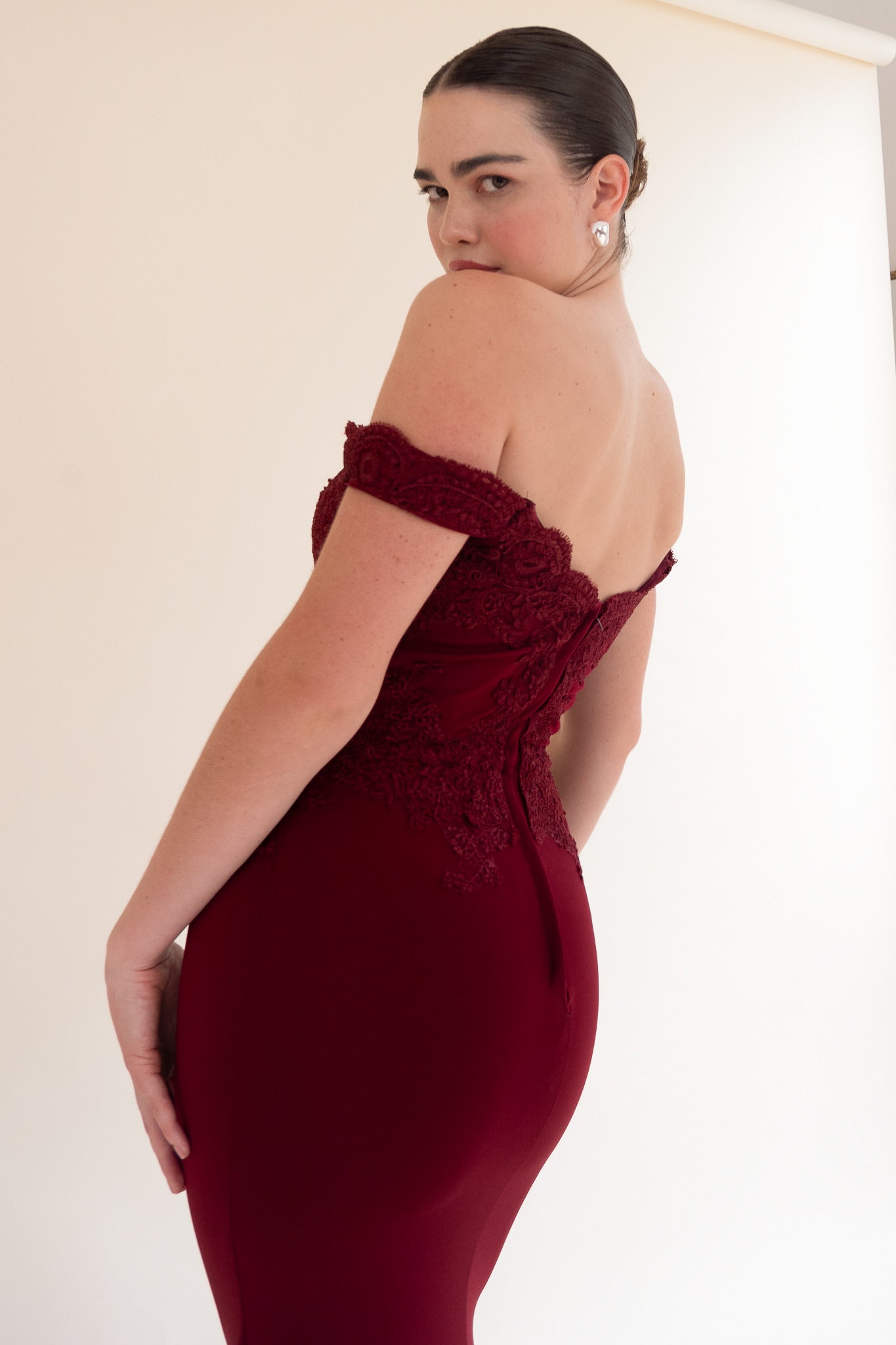Wine red Scarlett Fashion floor-length gown with lace bodice, pre-loved and available for resale as elegant sustainable occasionwear.