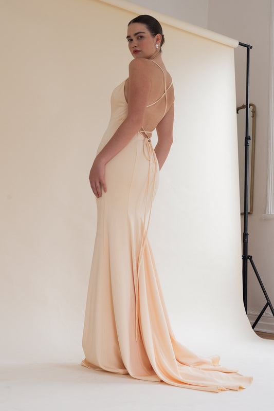 Floor-length Elain gown with full skirt, pre-loved and available for resale as elegant sustainable occasionwear.