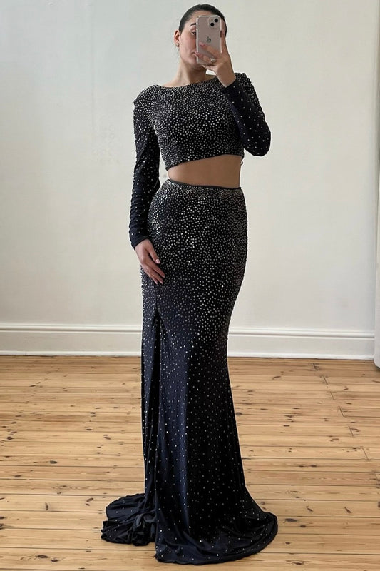 Embellished two-piece Yasmin Set with bandeau top and thigh-high slit skirt, pre-loved and available for resale as elegant sustainable occasionwear.