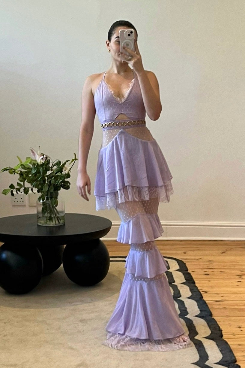 Lilac lace and chiffon floor-length gown with mesh waist inserts and gold O-ring details, pre-loved and available for resale as elegant sustainable occasionwear.
