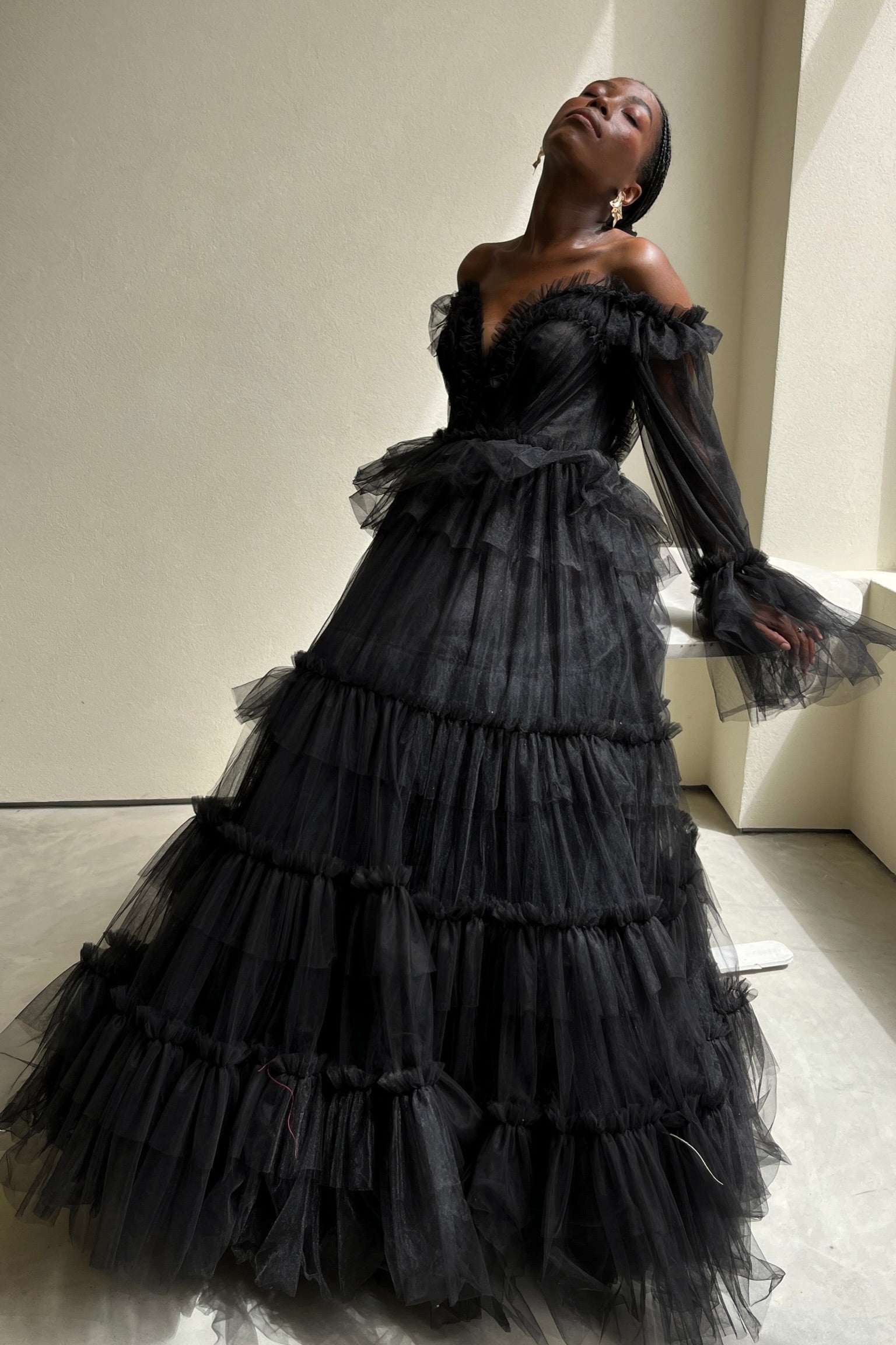 The Eeden Gown – a dramatic black one-shoulder tulle gown perfect for formal occasions. Elegant, timeless, and available now.