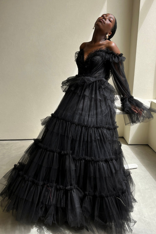 The Eeden Gown – a dramatic black one-shoulder tulle gown perfect for formal occasions. Elegant, timeless, and available now.
