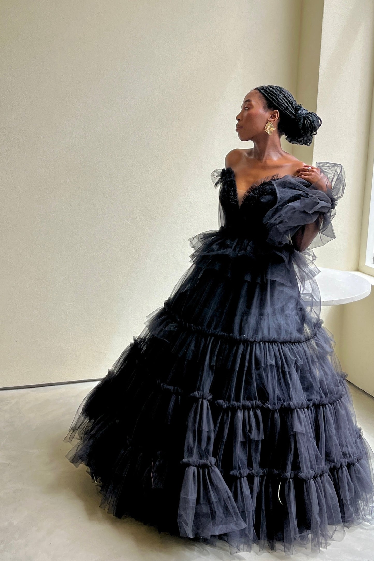 The Eeden Gown – a dramatic black one-shoulder tulle gown perfect for formal occasions. Elegant, timeless, and available now.