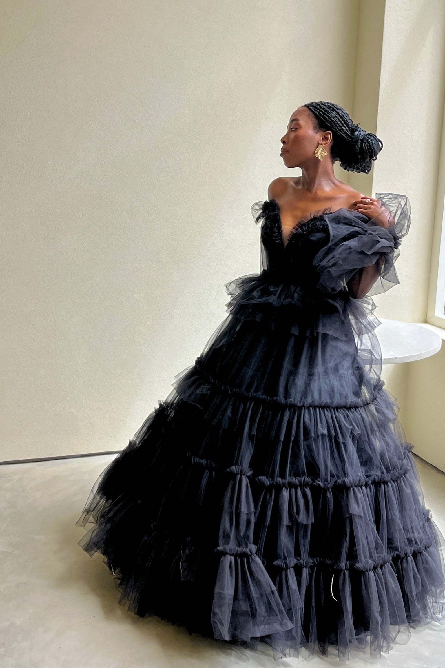 The Eeden Gown – a dramatic black one-shoulder tulle gown perfect for formal occasions. Elegant, timeless, and available now.