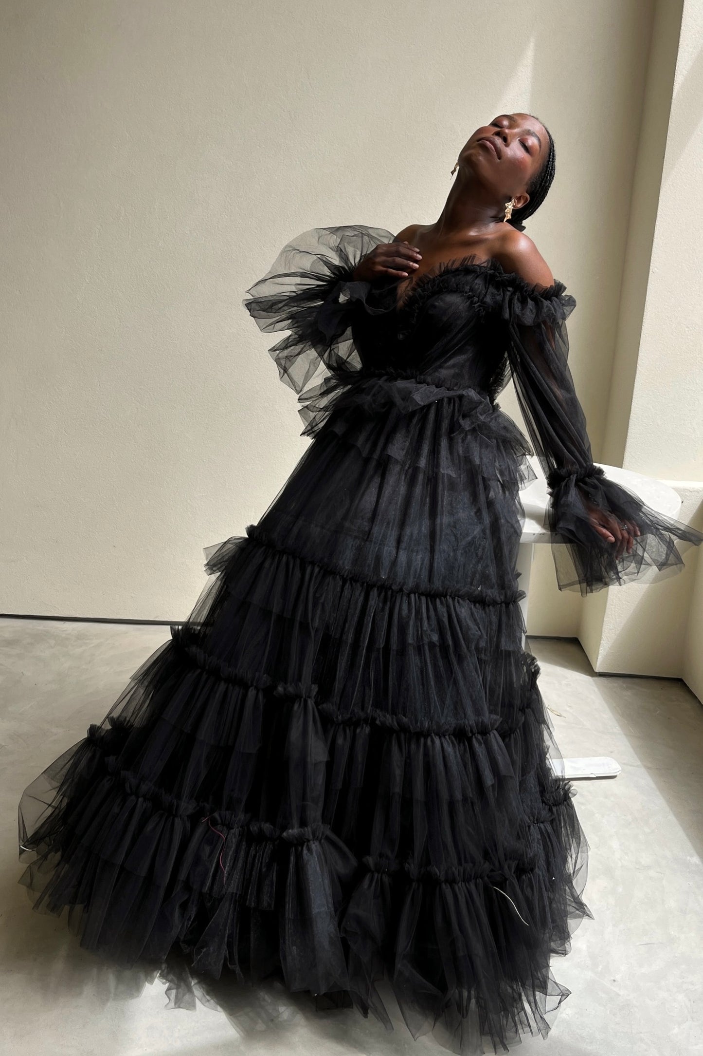 The Eeden Gown – a dramatic black one-shoulder tulle gown perfect for formal occasions. Elegant, timeless, and available now.