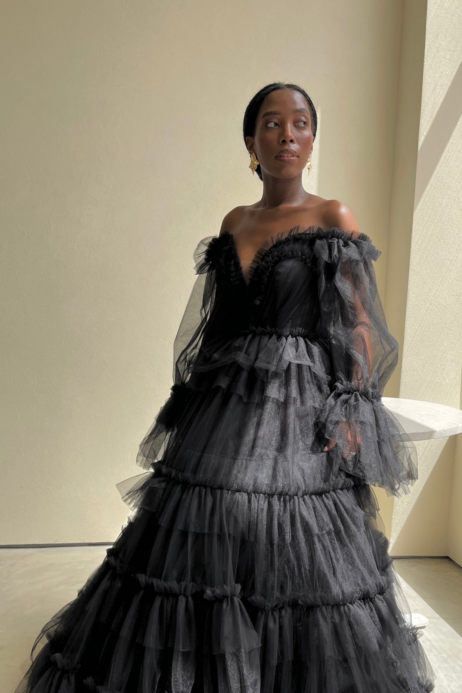 The Eeden Gown – a dramatic black one-shoulder tulle gown perfect for formal occasions. Elegant, timeless, and available now.