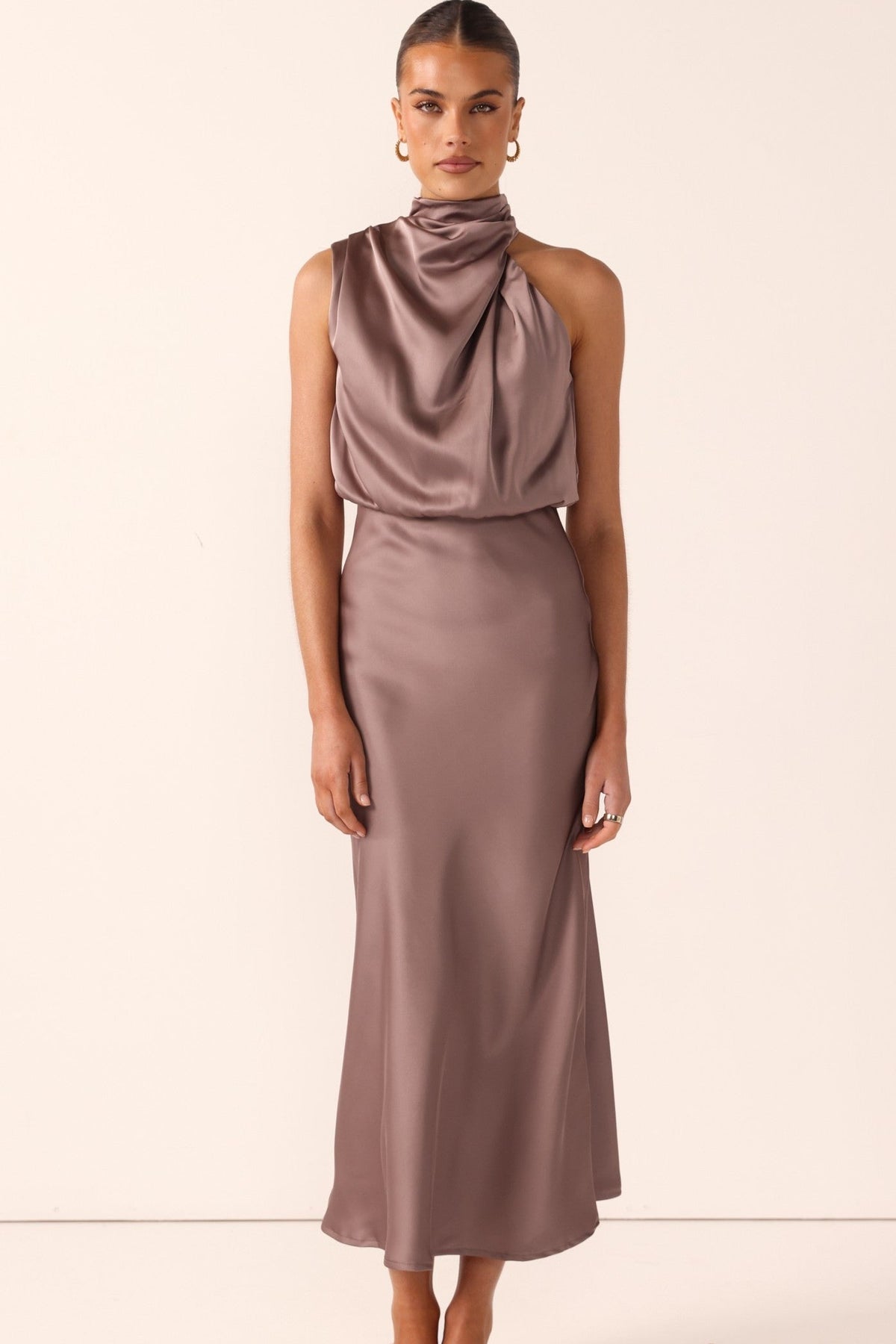 The Napoli High Neck Maxi Dress in Mushroom by Billy J