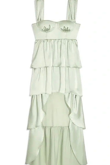 Pistachio green satin high-low tiered dress by WeWoreWhat, pre-loved and available for resale as elegant sustainable occasionwear.