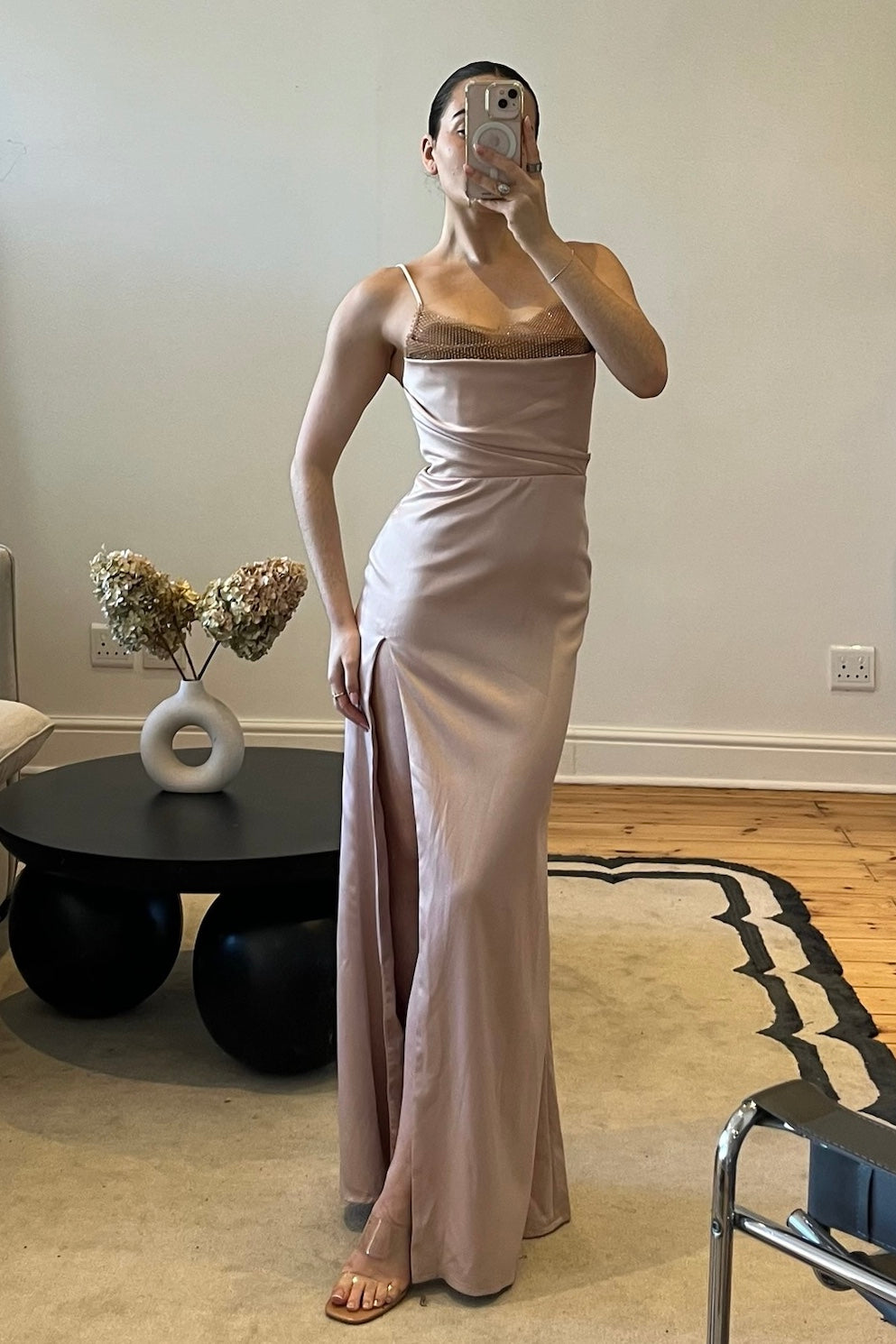 Blush pink dress with diamanté neckline detail and leg slit, pre-loved and available for resale as elegant sustainable occasionwear.