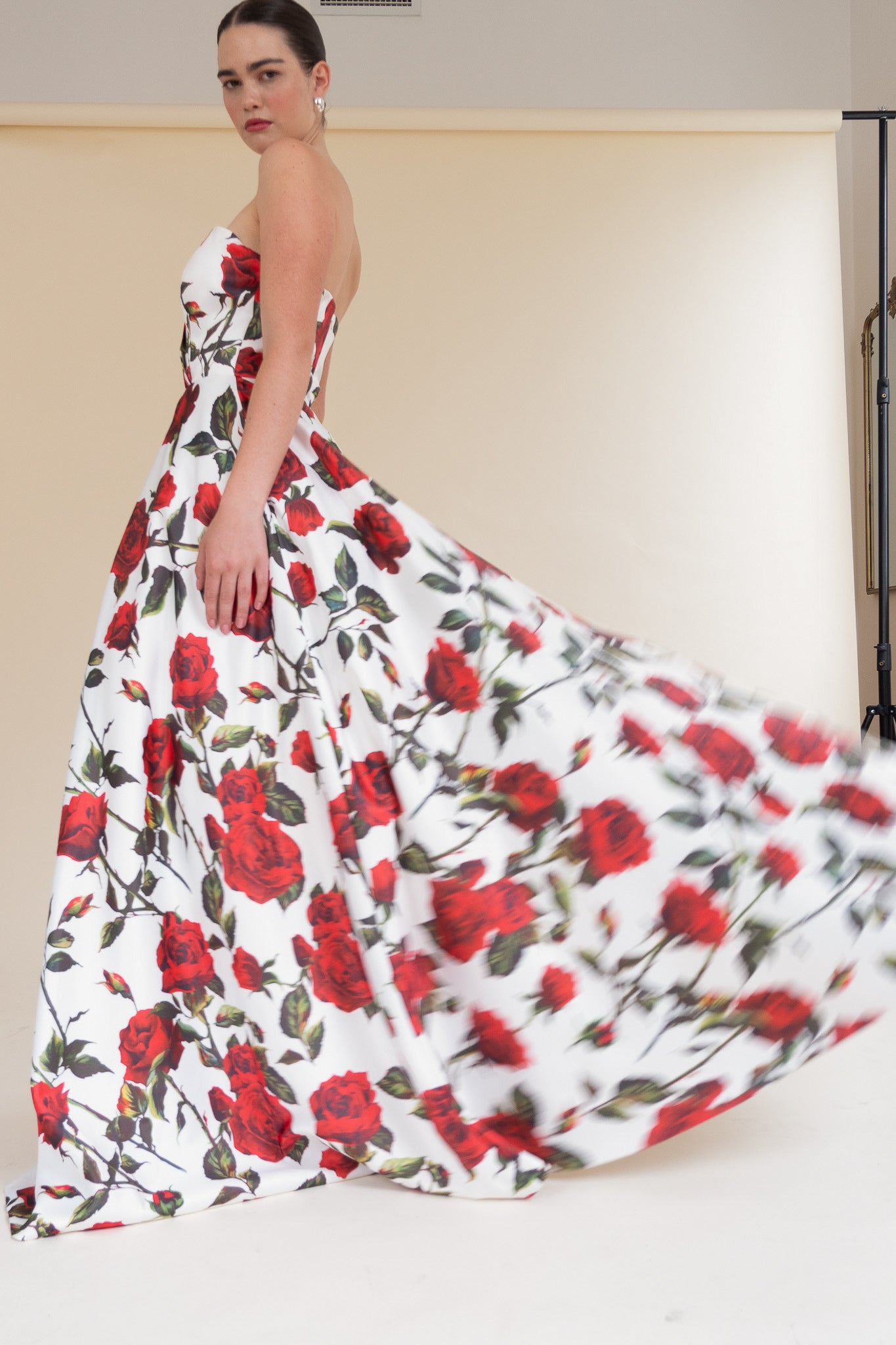 Red floral Scarlett Fashion floor-length gown with tulle skirt, pre-loved and available for resale as elegant sustainable occasionwear.