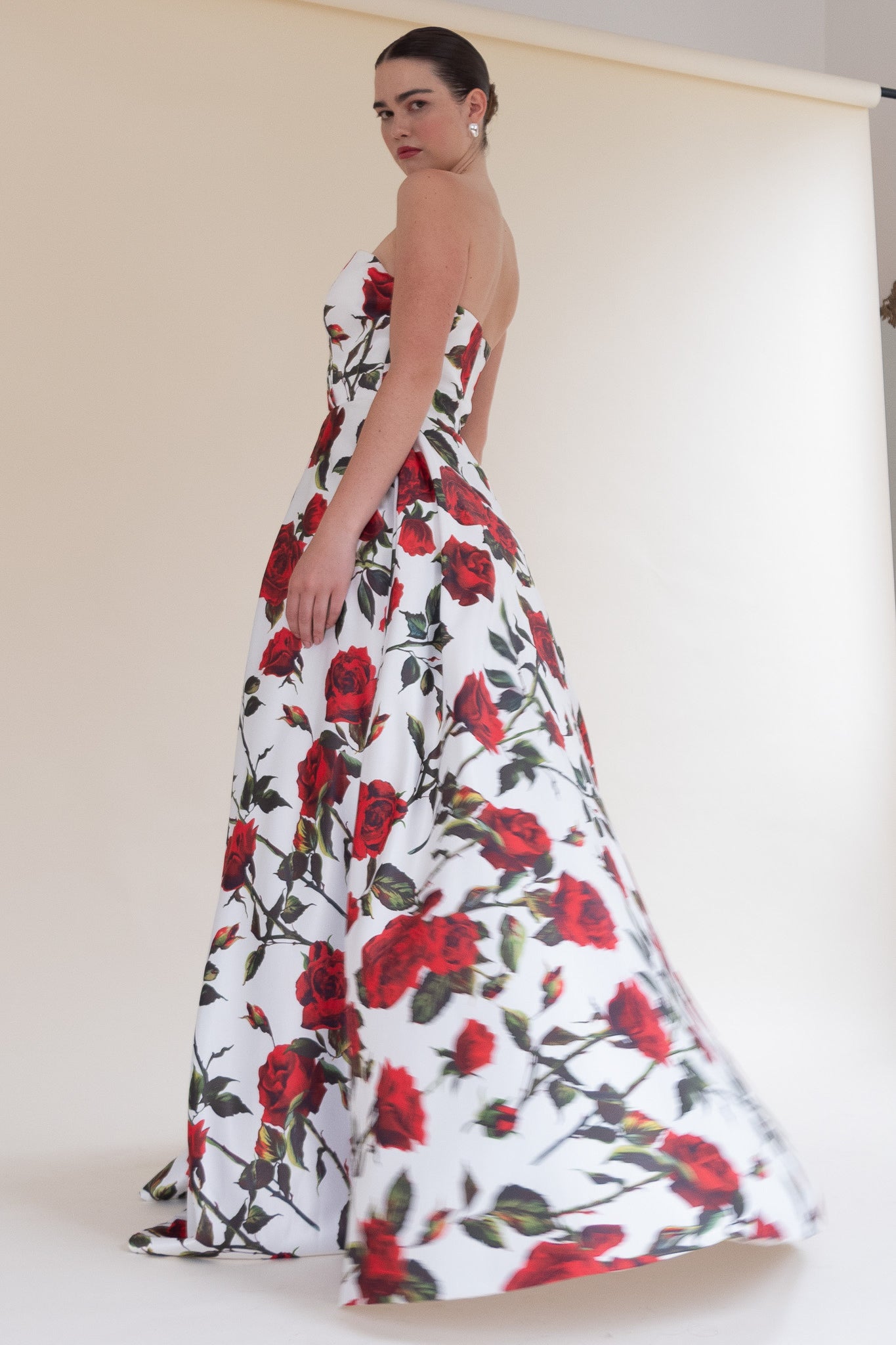 Red floral Scarlett Fashion floor-length gown with tulle skirt, pre-loved and available for resale as elegant sustainable occasionwear.