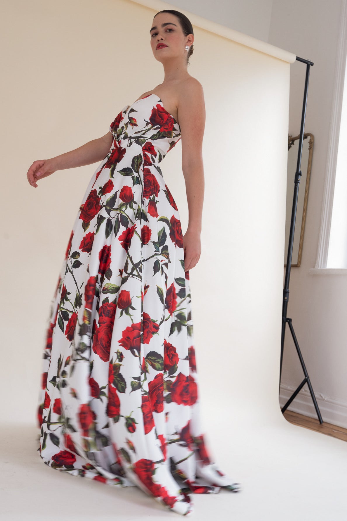 Red floral Scarlett Fashion floor-length gown with tulle skirt, pre-loved and available for resale as elegant sustainable occasionwear.