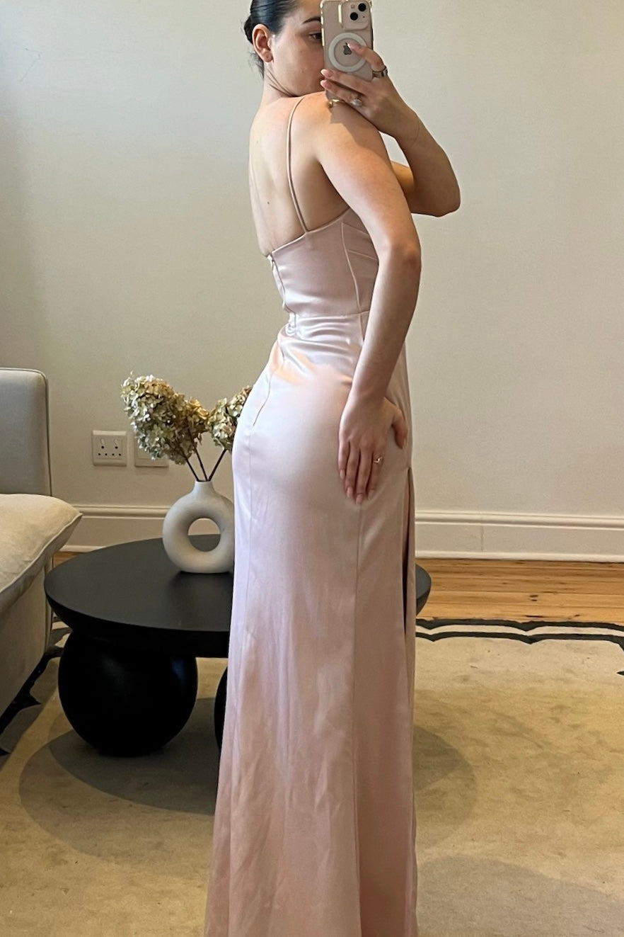 Blush pink dress with diamanté neckline detail and leg slit, pre-loved and available for resale as elegant sustainable occasionwear.