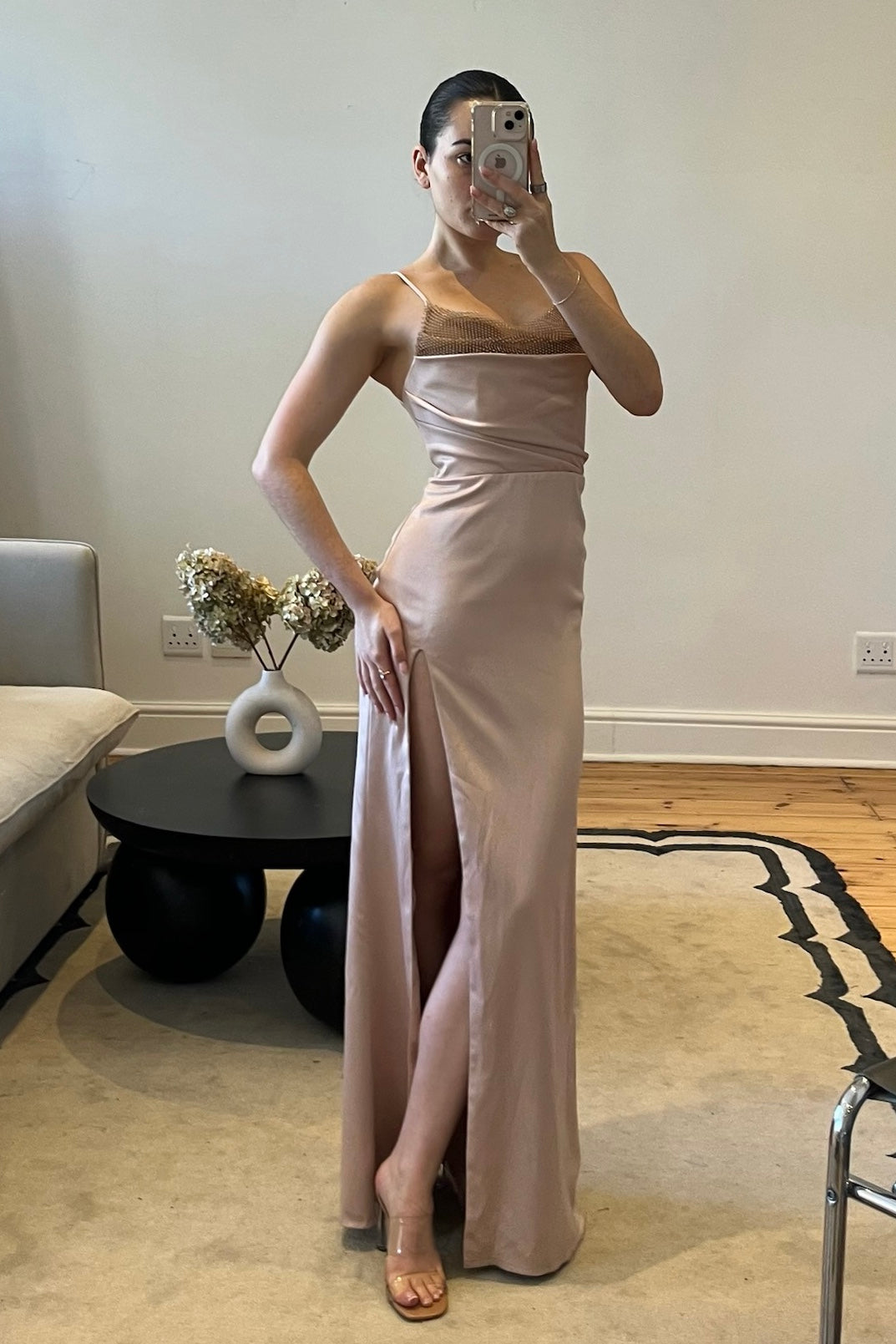 Blush pink dress with diamanté neckline detail and leg slit, pre-loved and available for resale as elegant sustainable occasionwear.