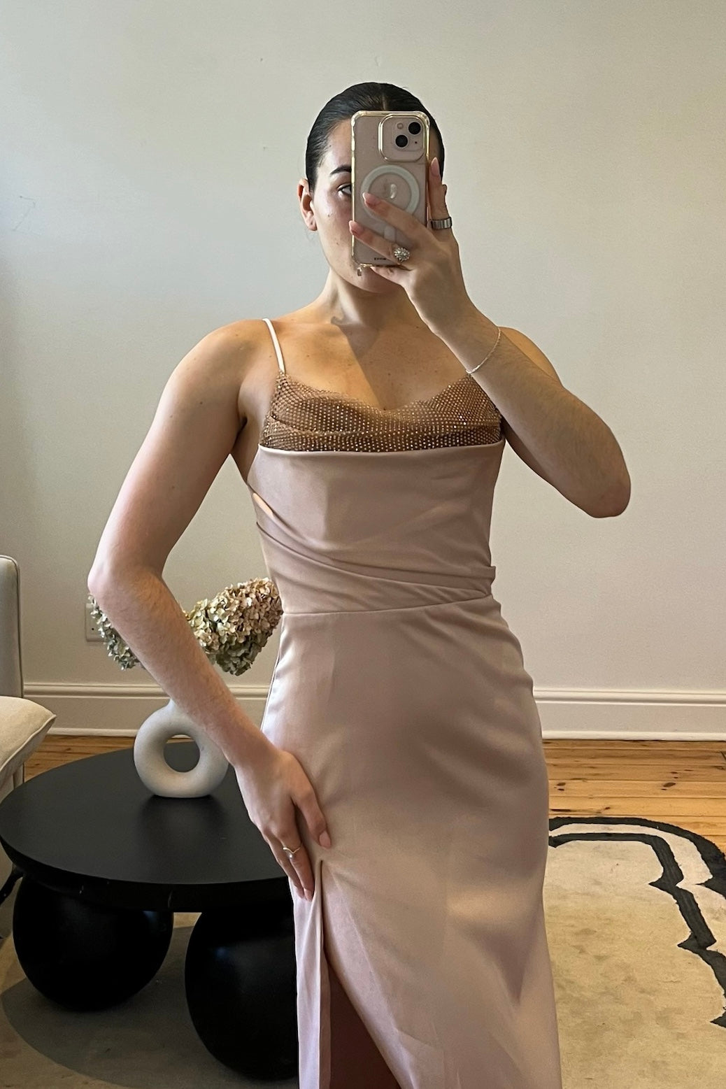 Blush pink dress with diamanté neckline detail and leg slit, pre-loved and available for resale as elegant sustainable occasionwear.