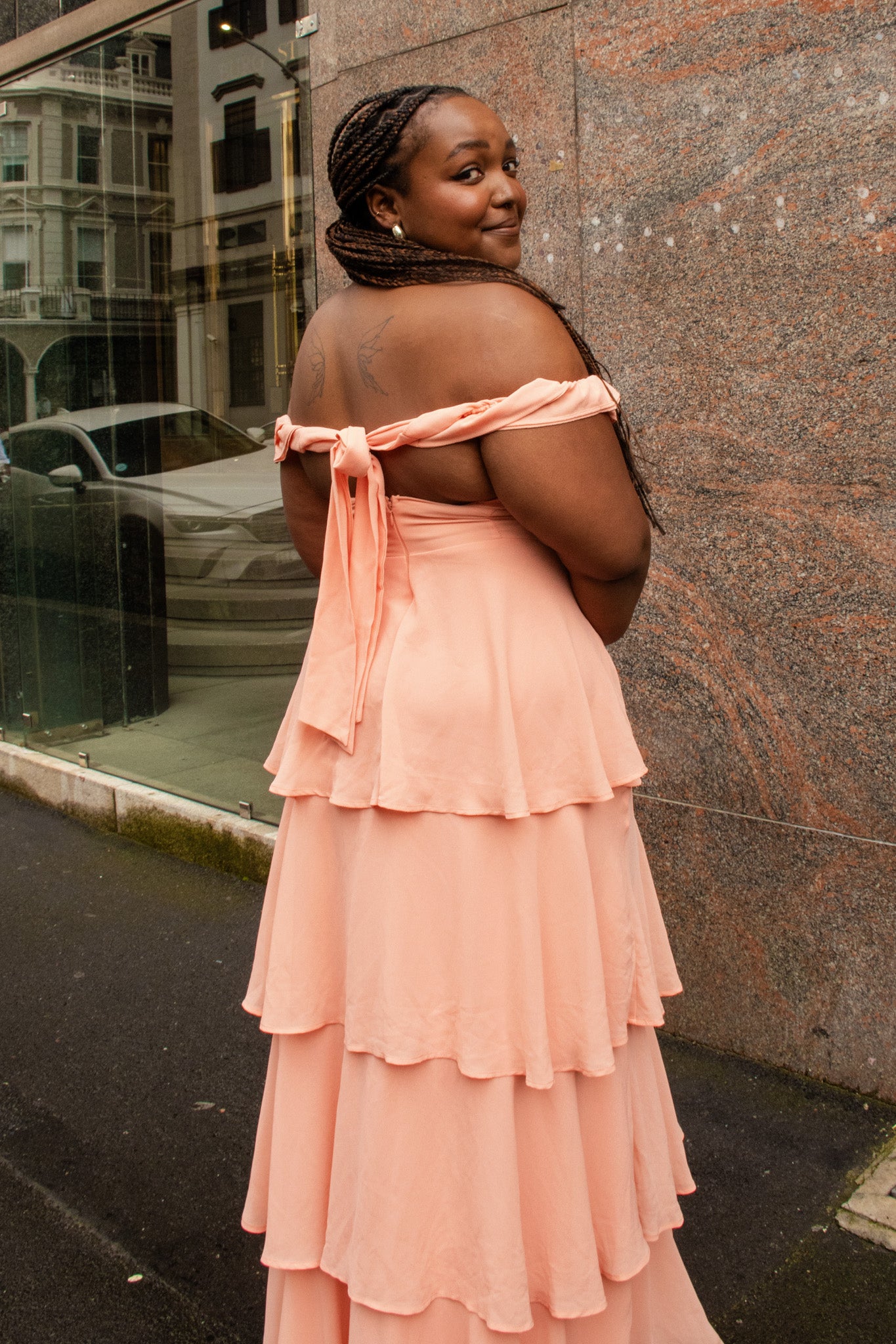 chiffon off-shoulder tiered maxi dress with open back, pre-loved and available for resale as elegant sustainable occasionwear.