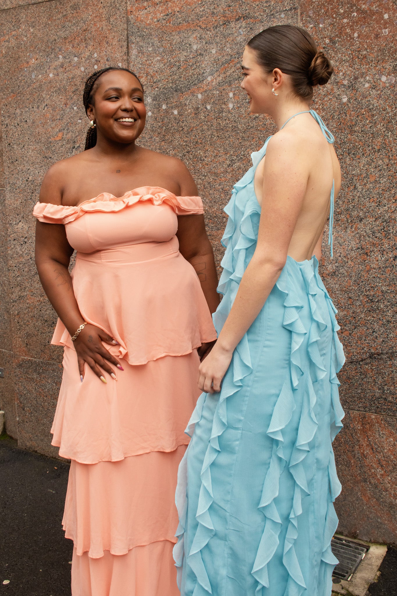 chiffon off-shoulder tiered maxi dress with open back, pre-loved and available for resale as elegant sustainable occasionwear.
