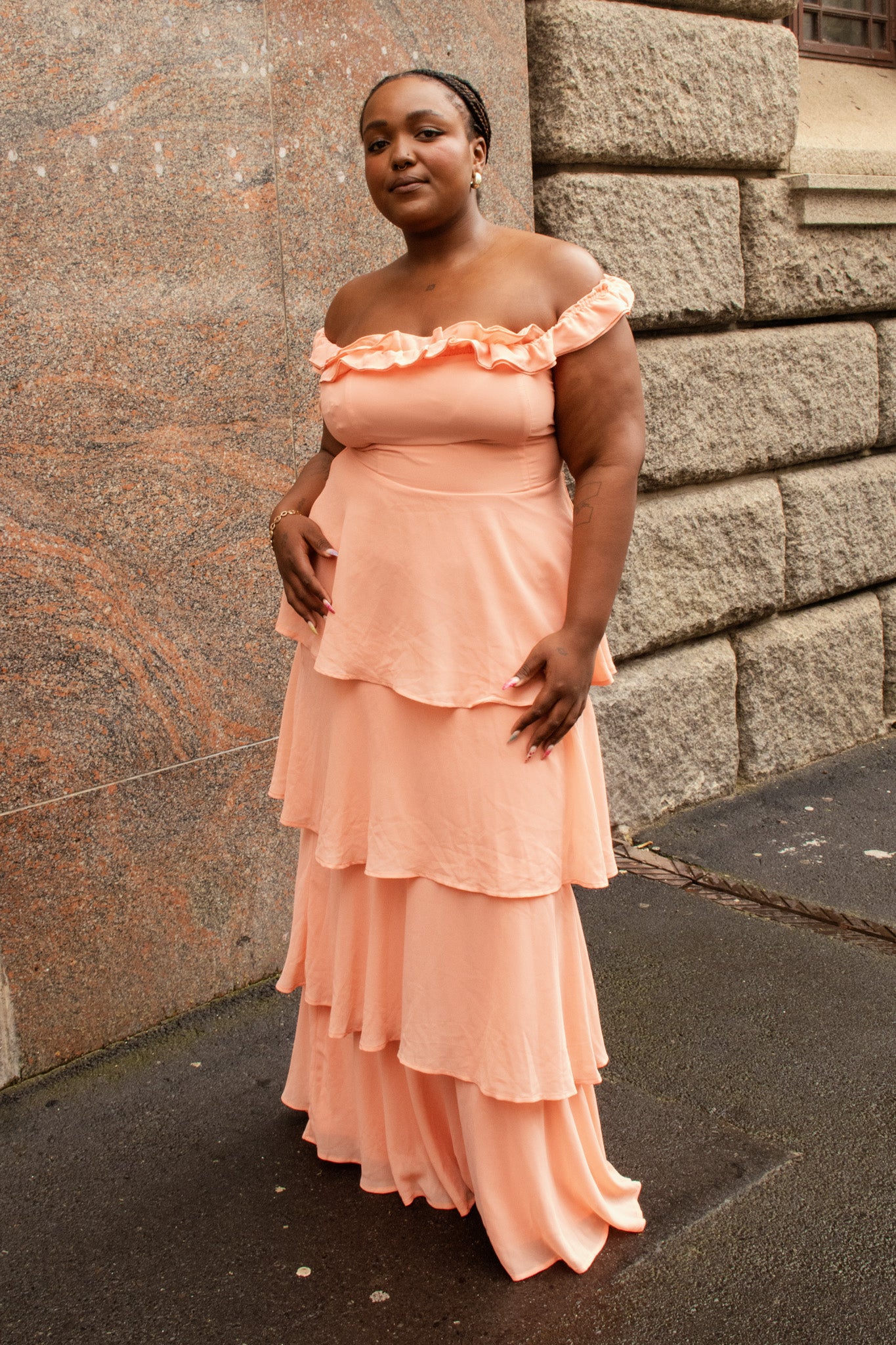chiffon off-shoulder tiered maxi dress with open back, pre-loved and available for resale as elegant sustainable occasionwear.