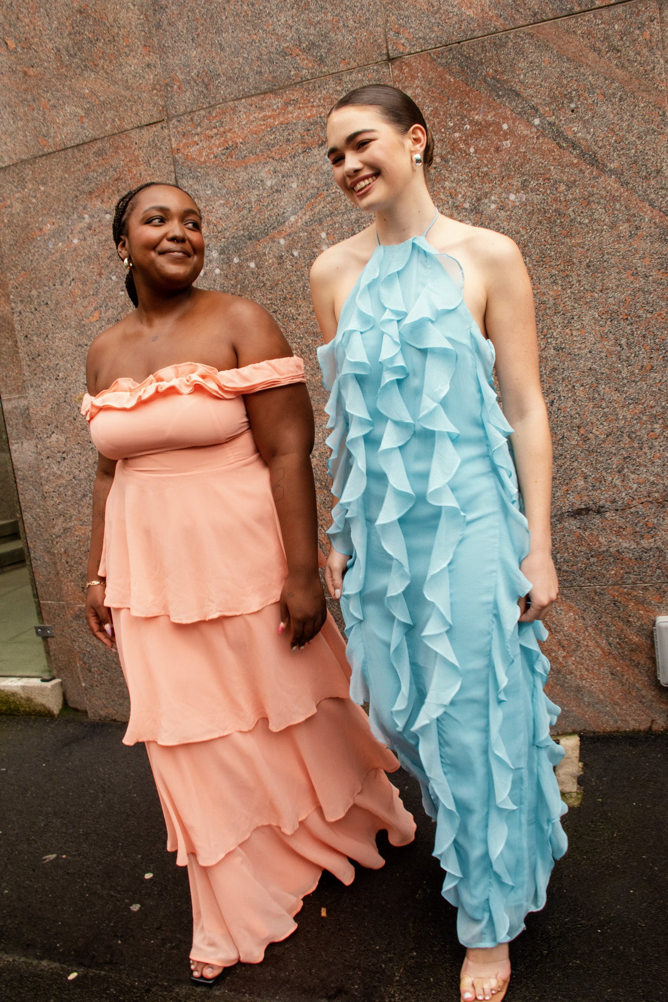 chiffon off-shoulder tiered maxi dress with open back, pre-loved and available for resale as elegant sustainable occasionwear.