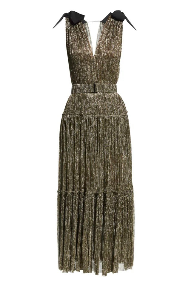 Sabina Musayev The Mason Gown in gold- a fit and flair gold midi with a deep v neckline and detachable belt.