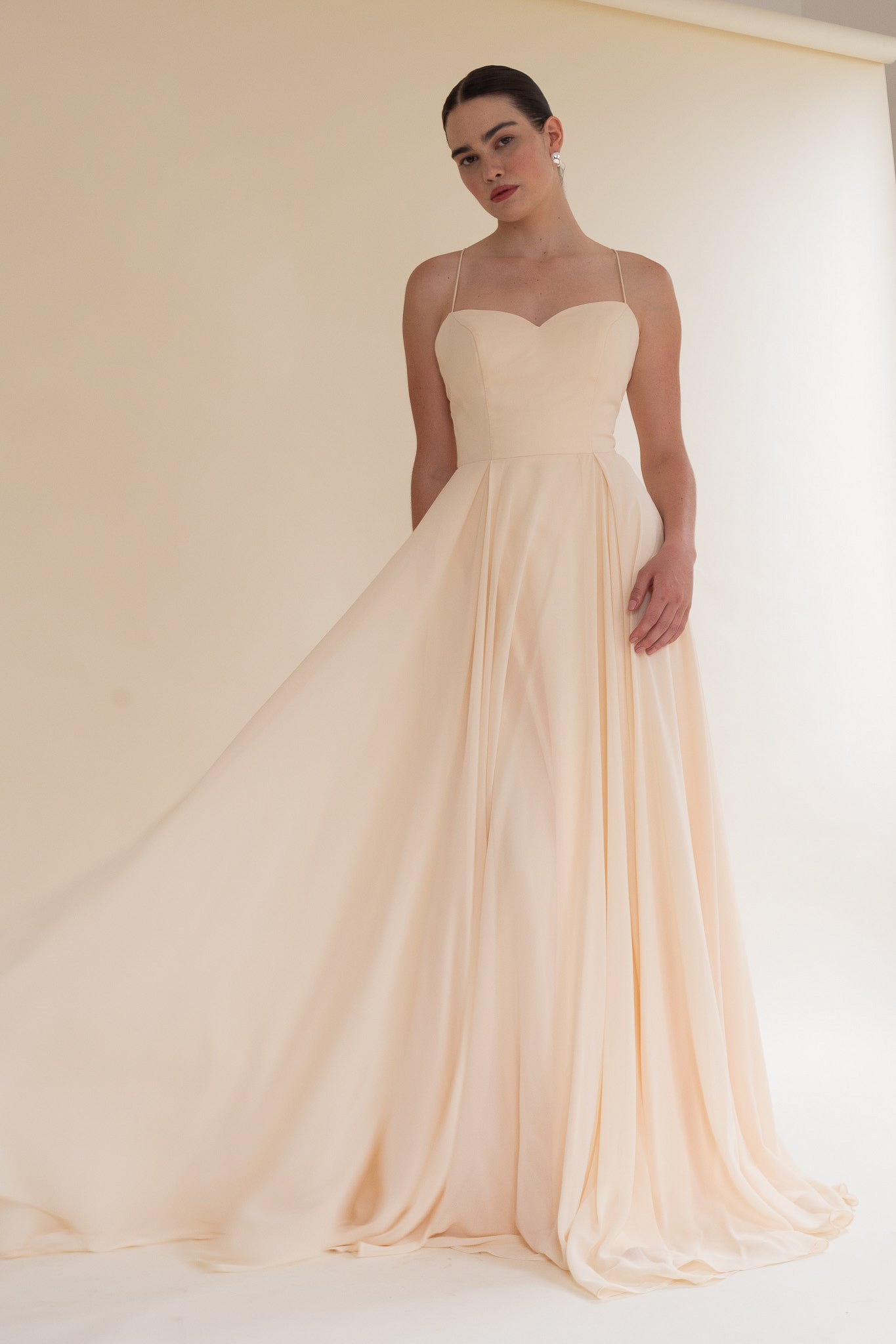 Scarlett Fashion Aeris chiffon gown in soft blush, pre-loved and available for resale as elegant sustainable occasionwear.